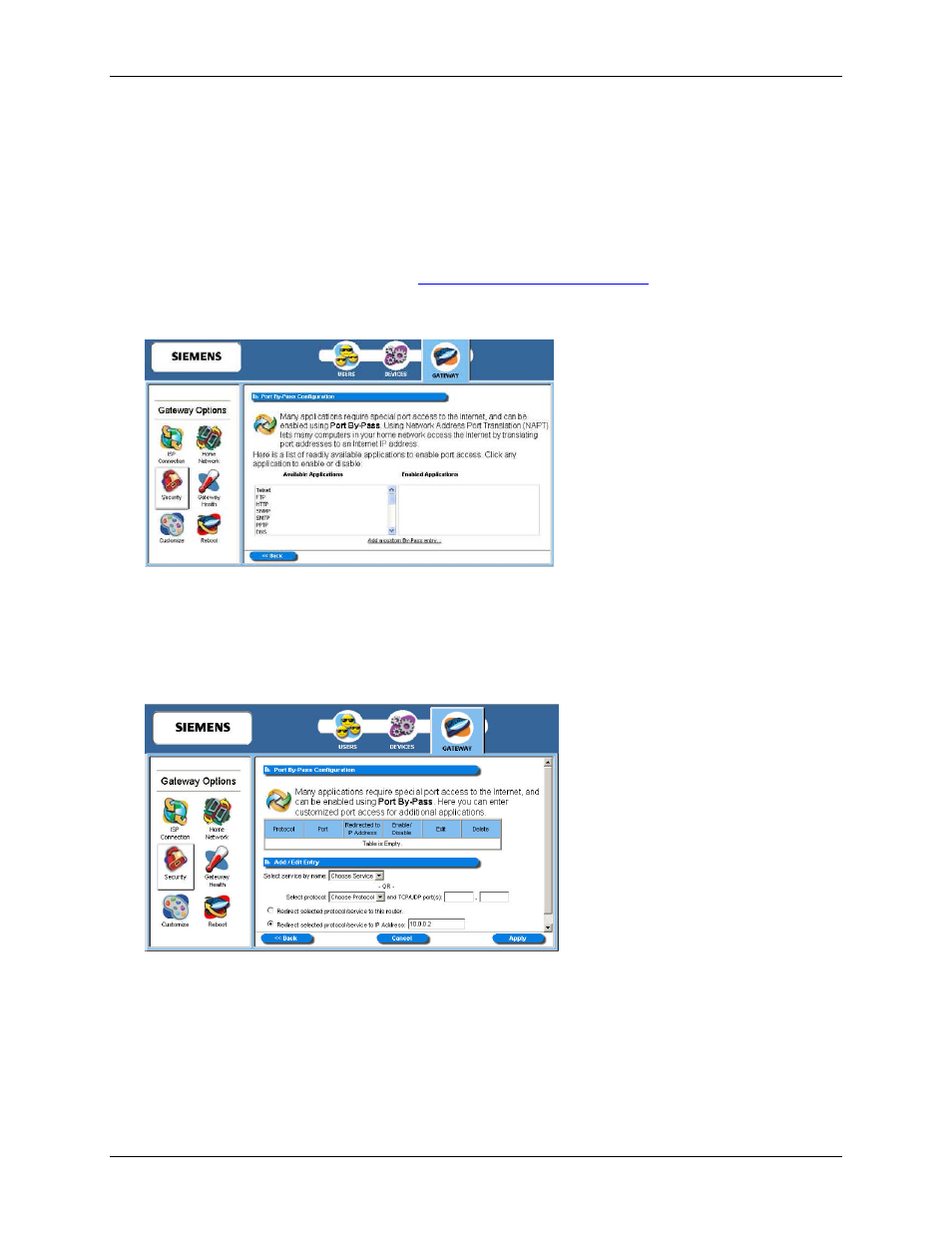 Addresses. this displays the, Port by-bass configuration, Window | Siemens SpeedStream 5450 User Manual | Page 65 / 83