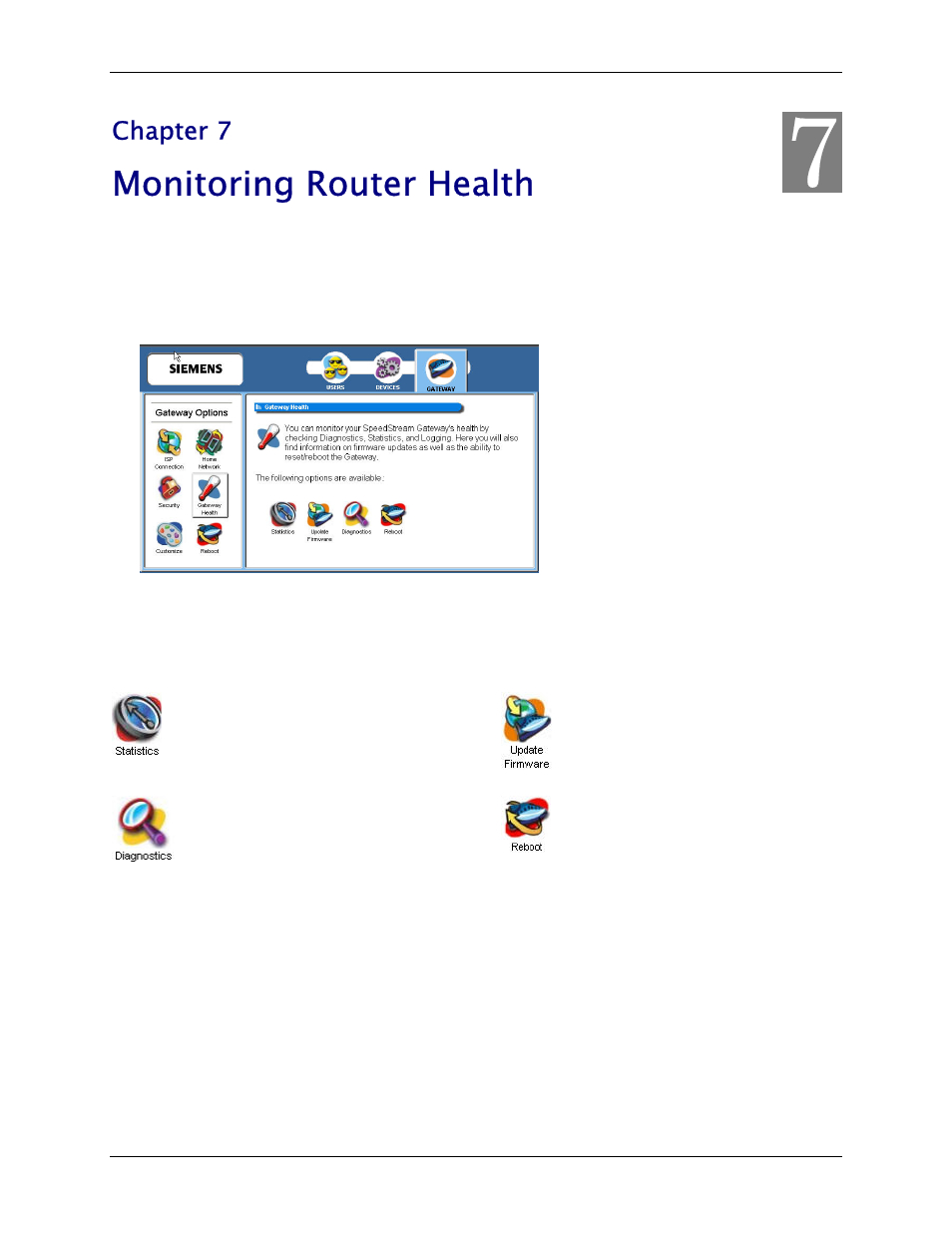 Chapter 7 monitoring router health, Monitoring router health | Siemens SpeedStream 5450 User Manual | Page 67 / 83