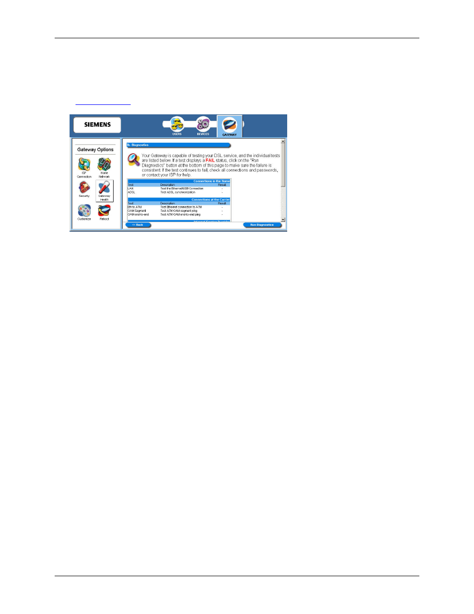 Chapter 8 miscellaneous router options, Diagnostics | Siemens SpeedStream 5450 User Manual | Page 73 / 83