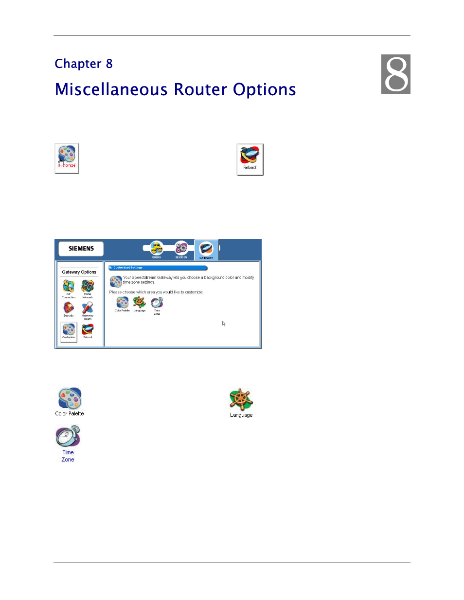 Chapter 8 miscellaneous router options, Customize, Miscellaneous router options | Siemens SpeedStream 5450 User Manual | Page 74 / 83