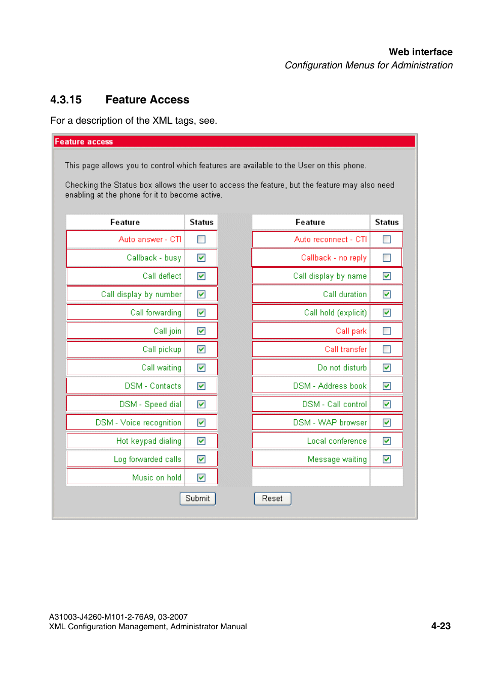 15 feature access, 15 feature access -23, Feature access | Siemens OPTIPOINT 410 S V6.0 User Manual | Page 128 / 154