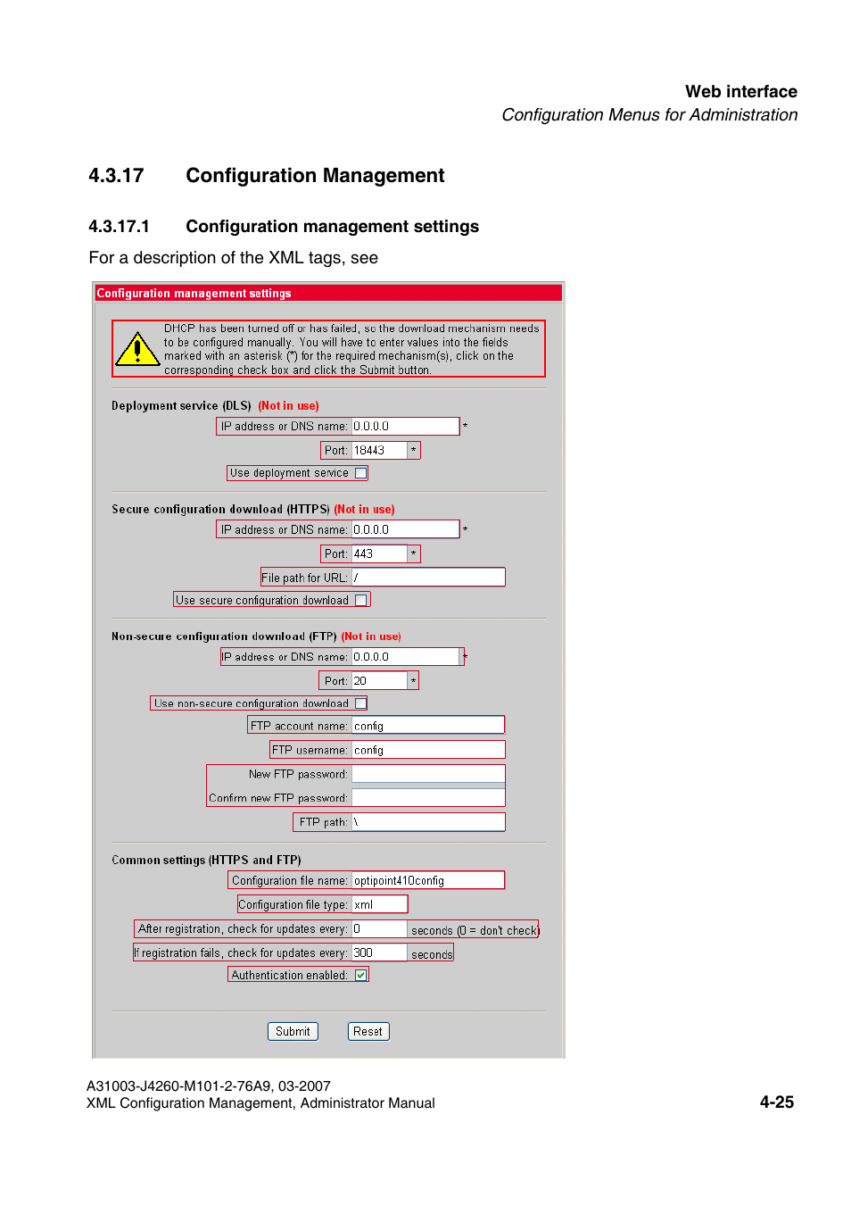 17 configuration management, 1 configuration management settings, 17 configuration management -25 | 1 configuration management settings -25, Use with dls is not supported – web, Settings | Siemens OPTIPOINT 410 S V6.0 User Manual | Page 130 / 154