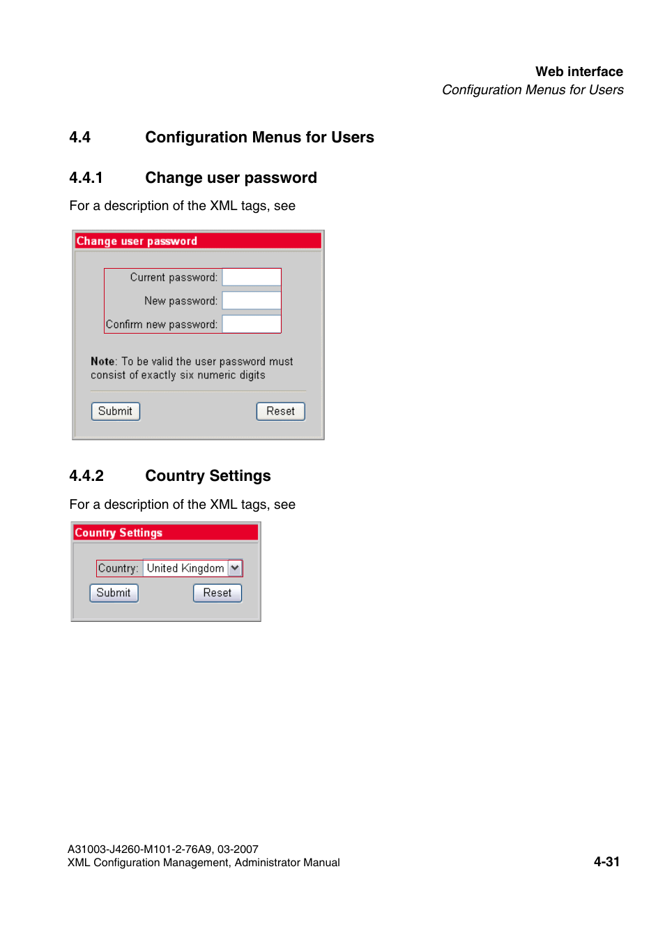 4 configuration menus for users, 1 change user password, 2 country settings | 4 configuration menus for users -31 | Siemens OPTIPOINT 410 S V6.0 User Manual | Page 136 / 154