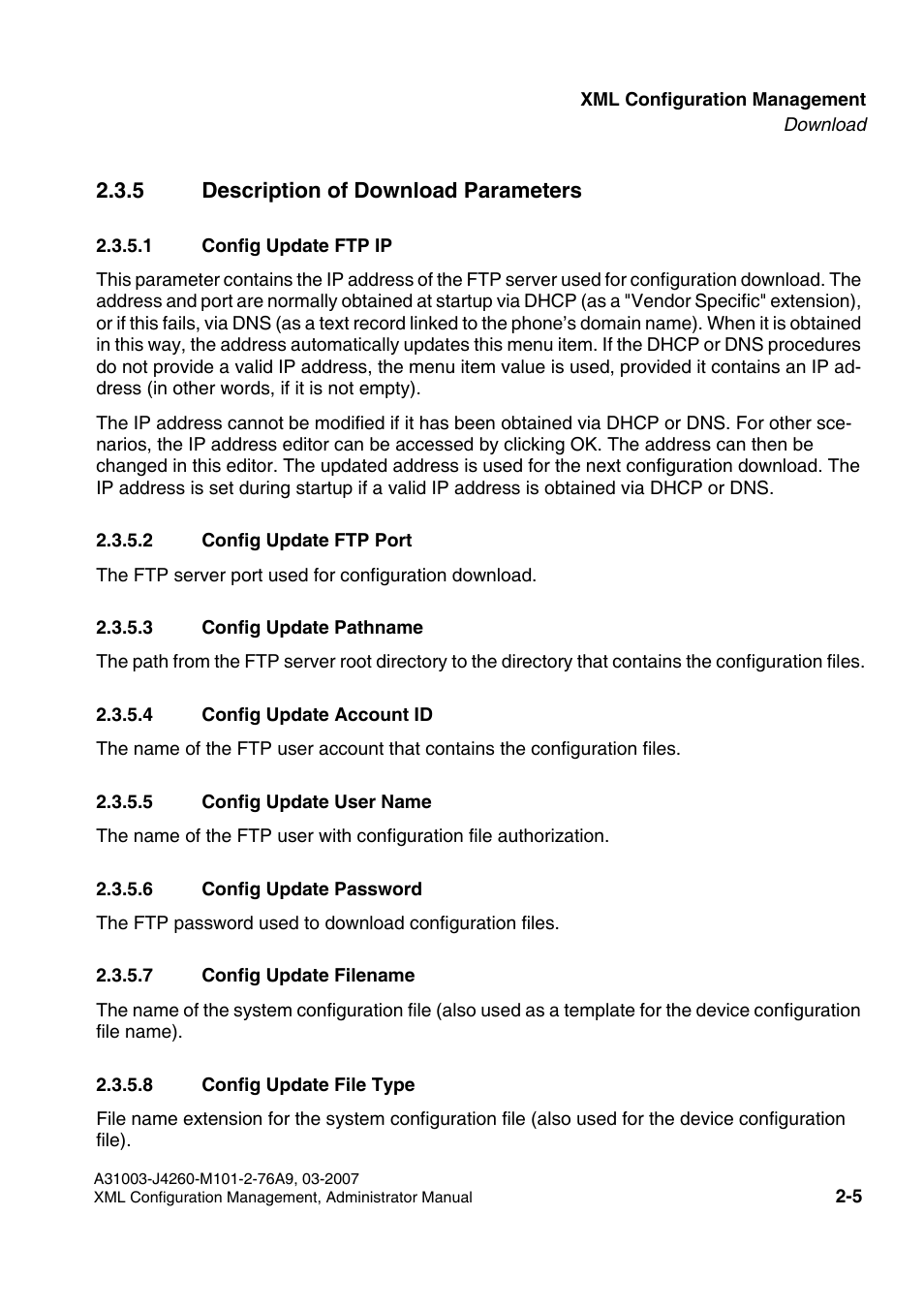 5 description of download parameters, 1 config update ftp ip, 2 config update ftp port | 3 config update pathname, 4 config update account id, 5 config update user name, 6 config update password, 7 config update filename, 8 config update file type, 5 description of download parameters -5 | Siemens OPTIPOINT 410 S V6.0 User Manual | Page 18 / 154