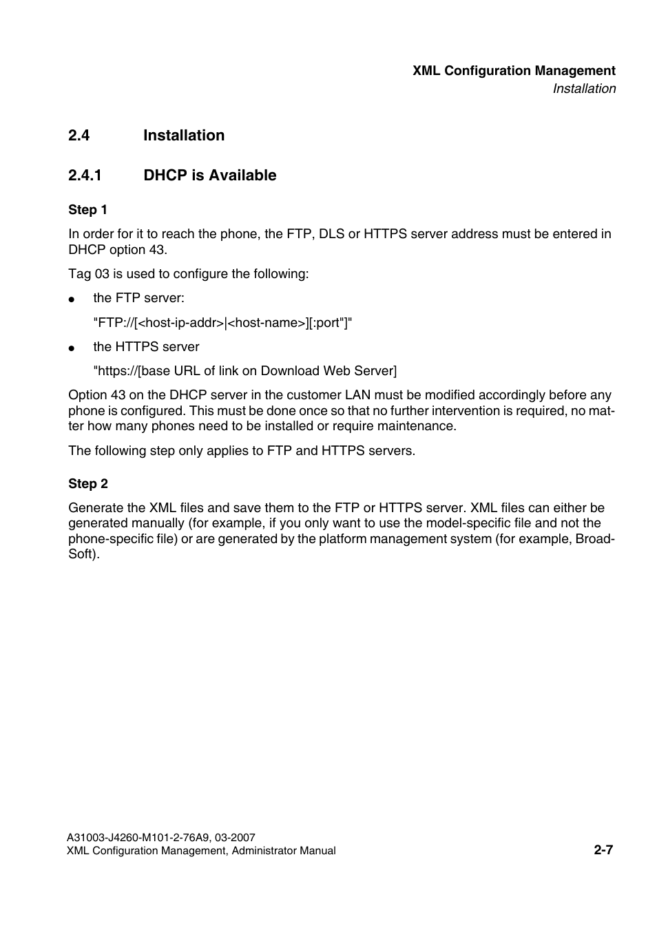 4 installation, 1 dhcp is available, 4 installation -7 | 1 dhcp is available -7, 4 installation 2.4.1 dhcp is available | Siemens OPTIPOINT 410 S V6.0 User Manual | Page 20 / 154