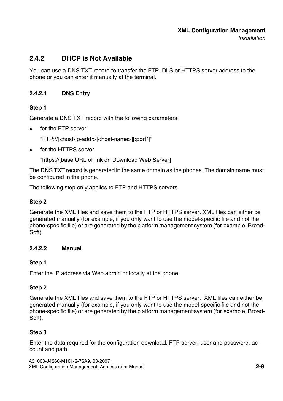 2 dhcp is not available, 1 dns entry, 2 manual | 2 dhcp is not available -9, 1 dns entry -9 2.4.2.2 manual -9 | Siemens OPTIPOINT 410 S V6.0 User Manual | Page 22 / 154