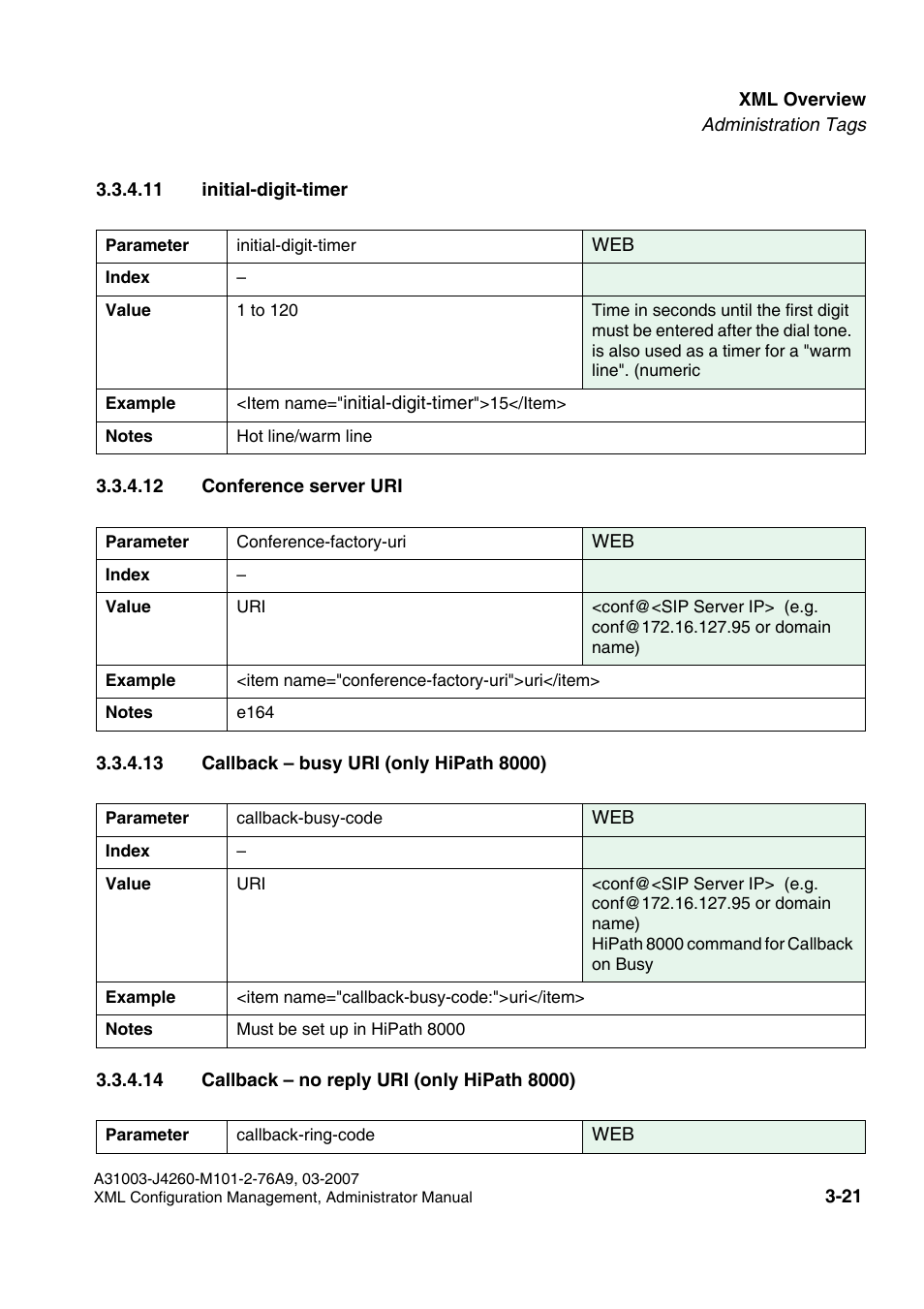 11 initial-digit-timer, 12 conference server uri, 13 callback - busy uri (only hipath 8000) | 14 callback - no reply uri (only hipath 8000) | Siemens OPTIPOINT 410 S V6.0 User Manual | Page 44 / 154