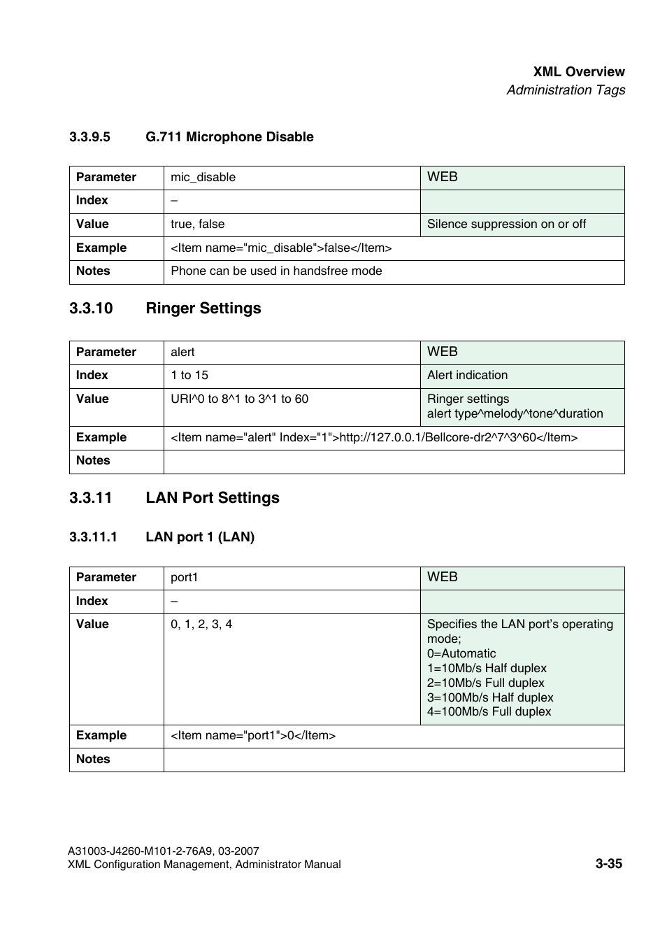 5 g.711 microphone disable, 10 ringer settings, 11 lan port settings | 1 lan port 1 (lan), 5 g.711 microphone disable -35, 1 lan port 1 (lan) -35 | Siemens OPTIPOINT 410 S V6.0 User Manual | Page 58 / 154