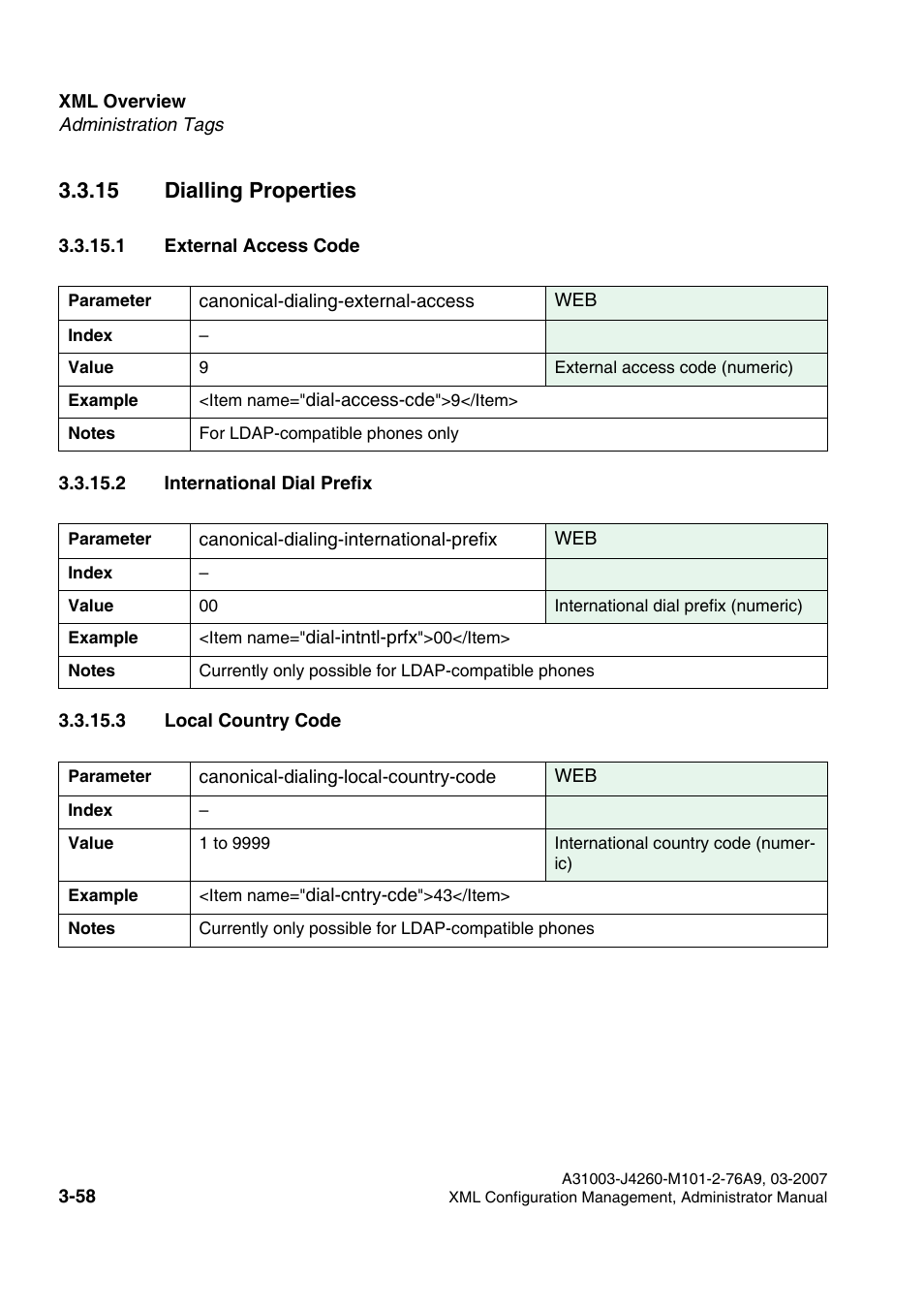 15 dialling properties, 1 external access code, 2 international dial prefix | 3 local country code, 15 dialling properties -58 | Siemens OPTIPOINT 410 S V6.0 User Manual | Page 81 / 154