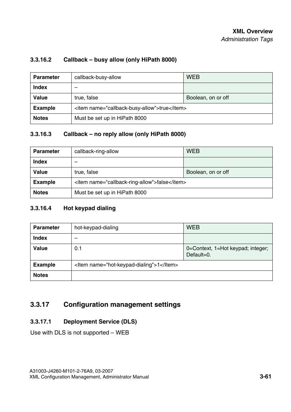 2 callback - busy allow (only hipath 8000), 3 callback - no reply allow (only hipath 8000), 4 hot keypad dialing | 17 configuration management settings, 1 deployment service (dls), 17 configuration management settings -61, 1 deployment service (dls) -61 | Siemens OPTIPOINT 410 S V6.0 User Manual | Page 84 / 154