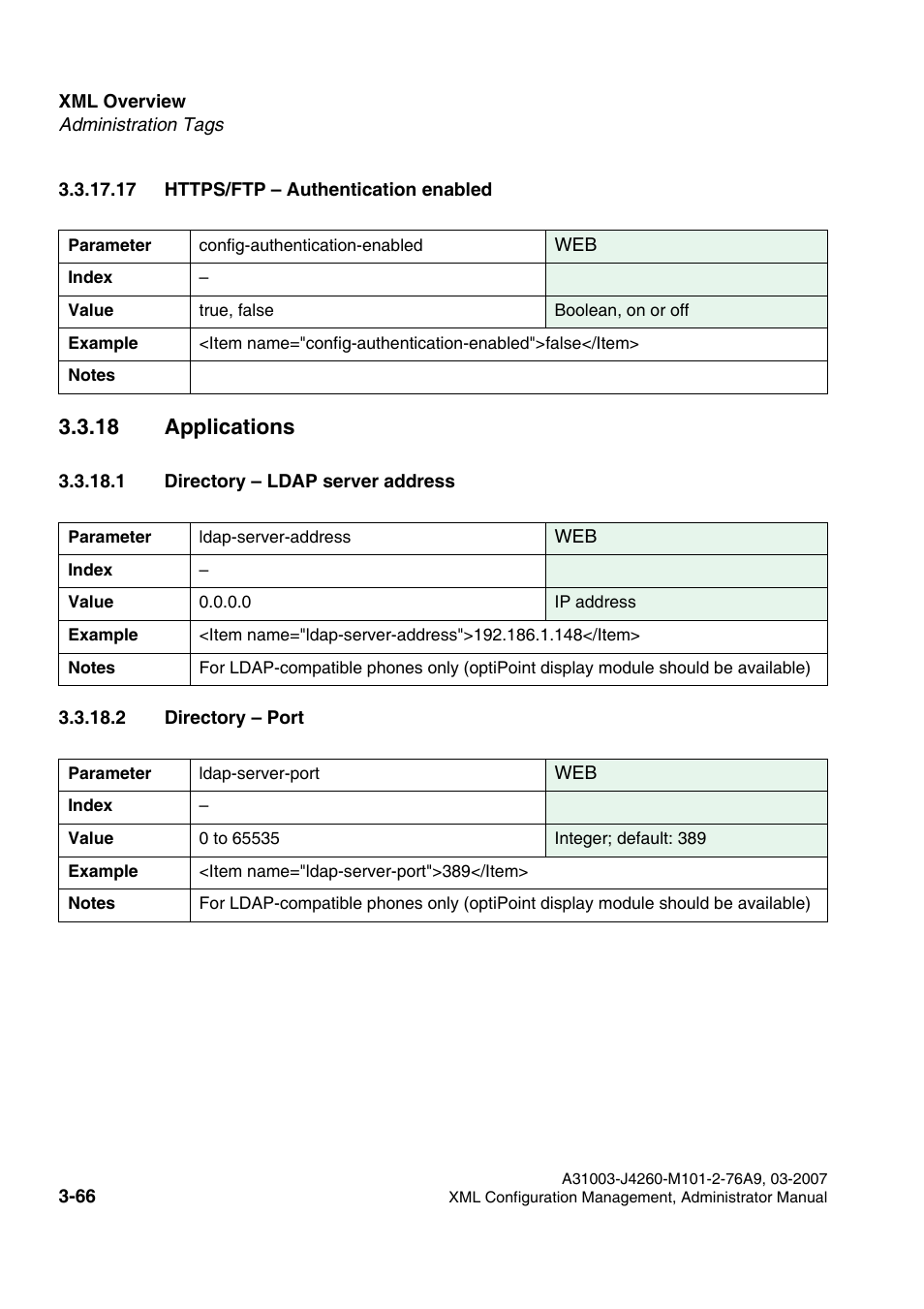 17 https/ftp - authentication enabled, 18 applications, 1 directory - ldap server address | 2 directory - port, 17 https/ftp – authentication enabled -66, 18 applications -66 | Siemens OPTIPOINT 410 S V6.0 User Manual | Page 89 / 154