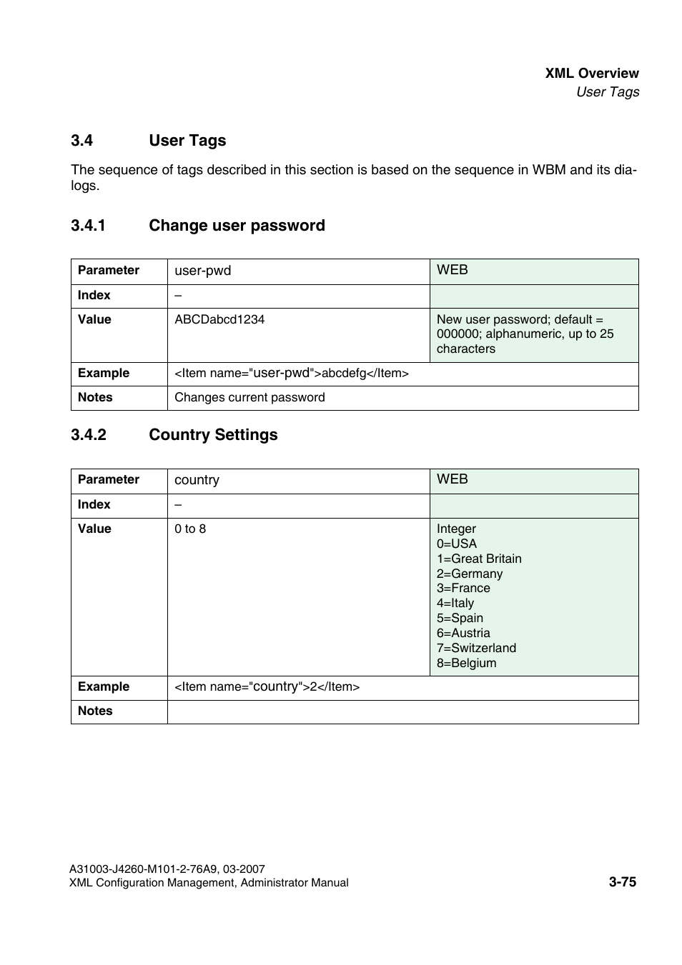 4 user tags, 1 change user password, 2 country settings | 4 user tags -75, 1 change user password 3.4.2 country settings | Siemens OPTIPOINT 410 S V6.0 User Manual | Page 98 / 154