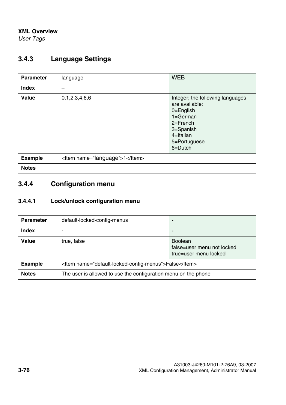 3 language settings, 4 configuration menu, 1 lock/unlock configuration menu | 1 lock/unlock configuration menu -76, 3 language settings 3.4.4 configuration menu | Siemens OPTIPOINT 410 S V6.0 User Manual | Page 99 / 154