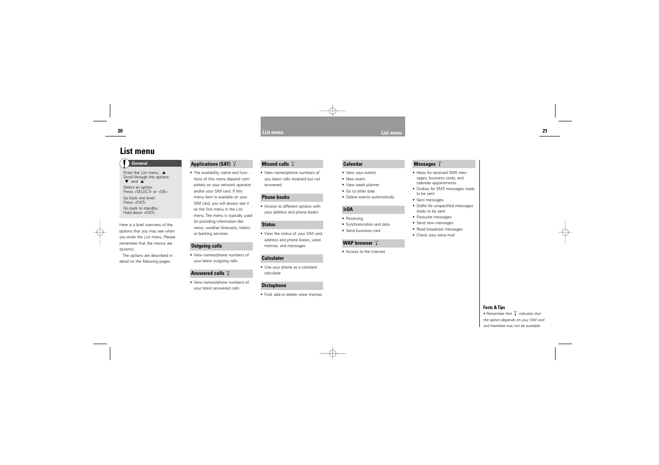 List menu | Siemens S42 User Manual | Page 12 / 44