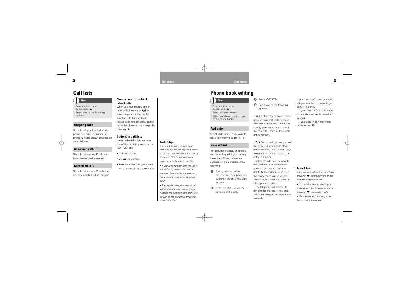 Call lists, Phone book editing | Siemens S42 User Manual | Page 13 / 44