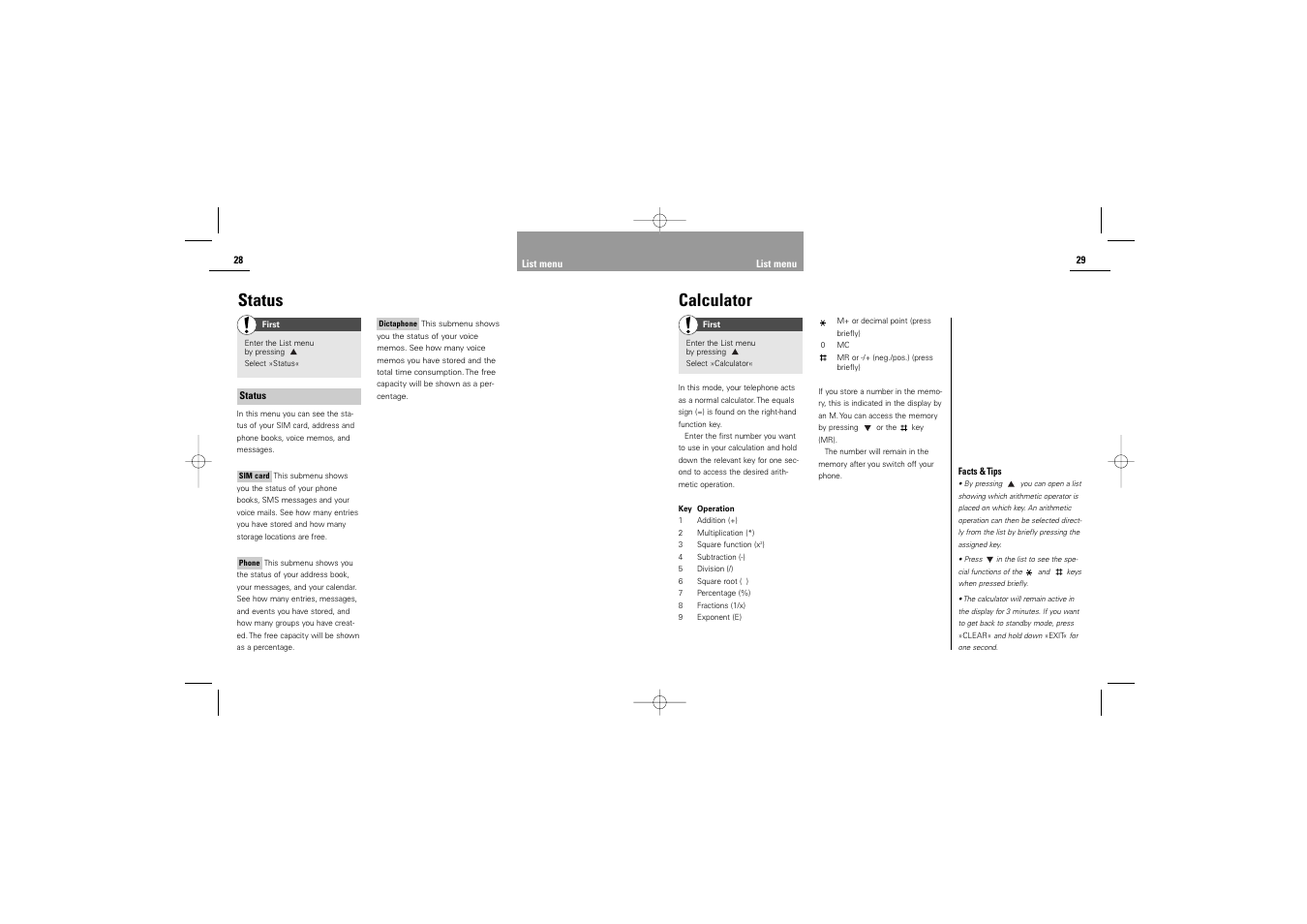 Calculator, Status | Siemens S42 User Manual | Page 16 / 44