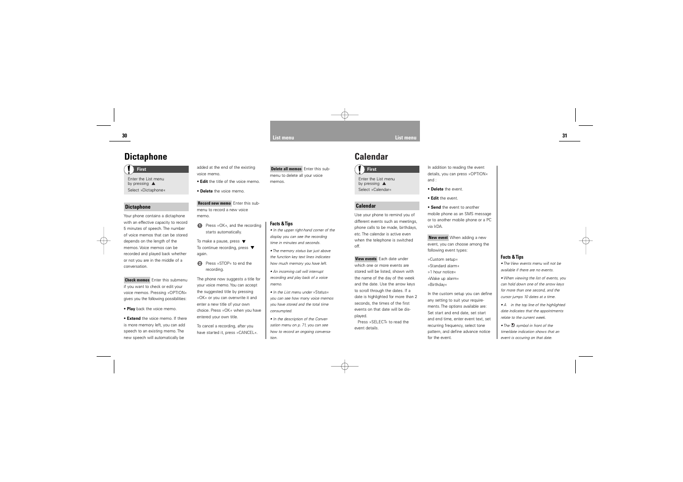 Calendar, Dictaphone | Siemens S42 User Manual | Page 17 / 44