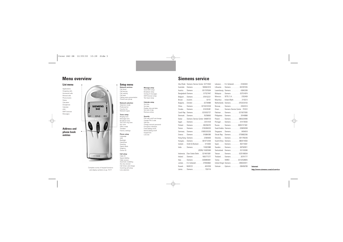 Siemens service, Menu overview | Siemens S42 User Manual | Page 2 / 44