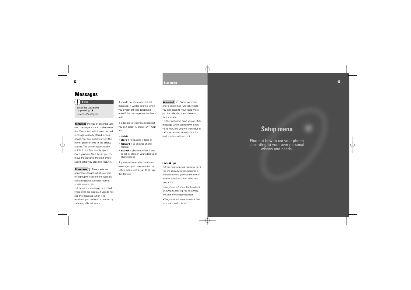 Setup menu, Messages | Siemens S42 User Manual | Page 23 / 44