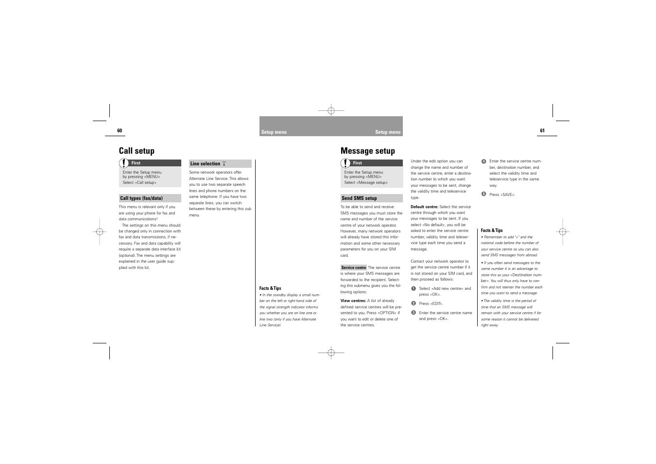 Call setup, Message setup | Siemens S42 User Manual | Page 32 / 44