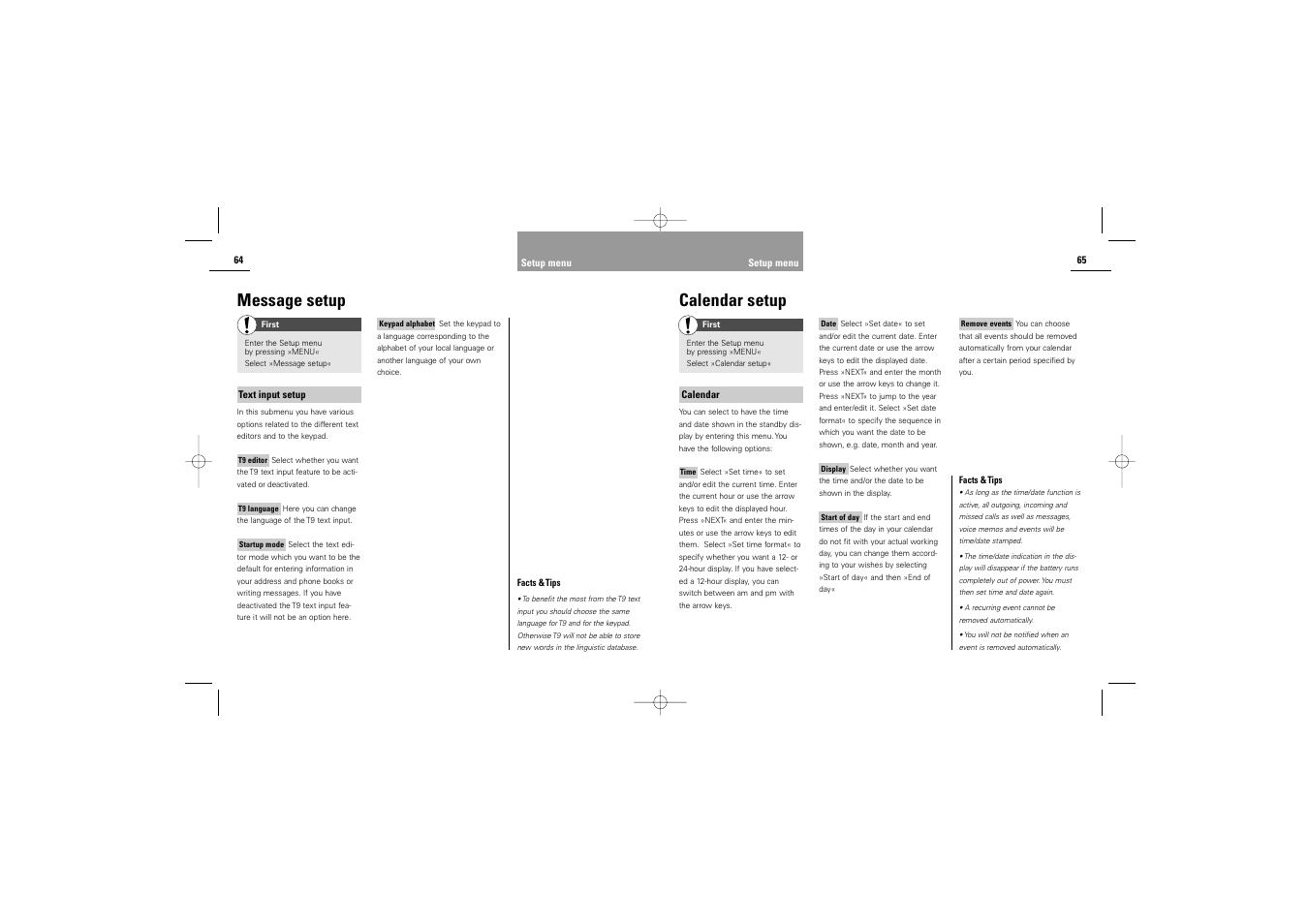 Calendar setup, Message setup | Siemens S42 User Manual | Page 34 / 44