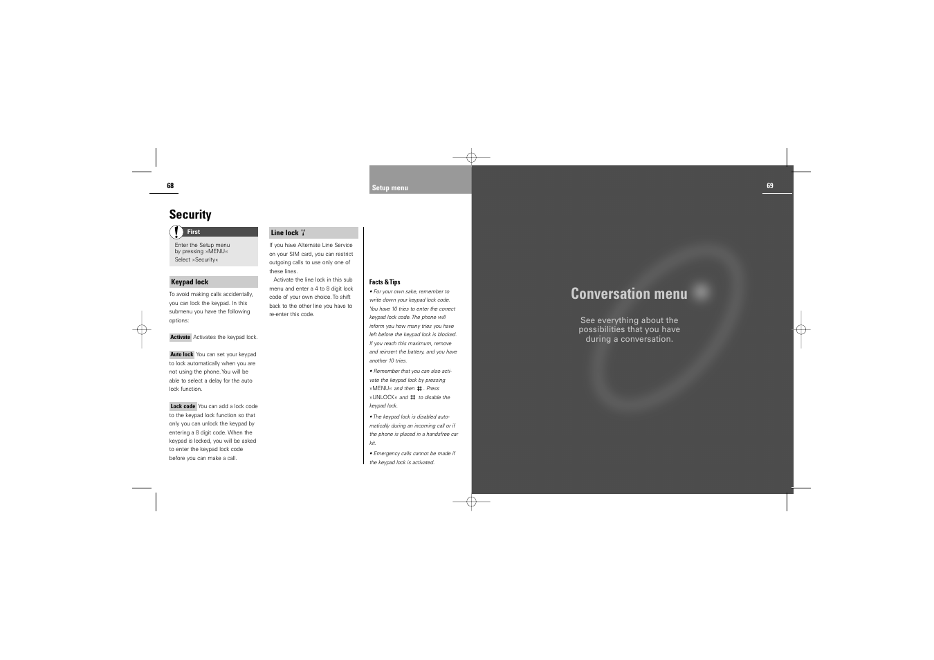 Conversation menu, Security | Siemens S42 User Manual | Page 36 / 44