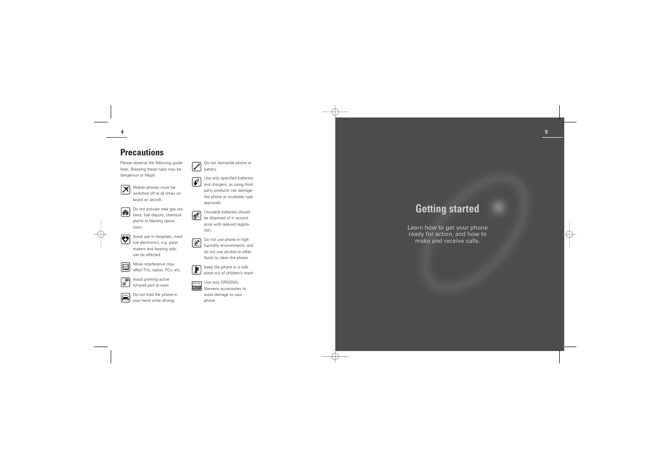 Getting started, Precautions | Siemens S42 User Manual | Page 4 / 44