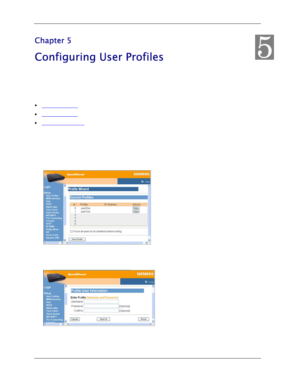 Configuring user profiles, Add user profiles, Chapter 5, “configuring user profiles | Chapter 5 | Siemens 4100 Series User Manual | Page 24 / 85