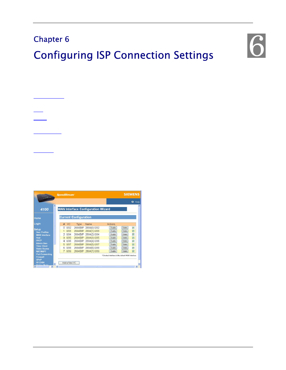 Configuring isp connection settings, Wan interface, Chapter 6, “configuring isp connection settings | For details on, Chapter 6 | Siemens 4100 Series User Manual | Page 28 / 85