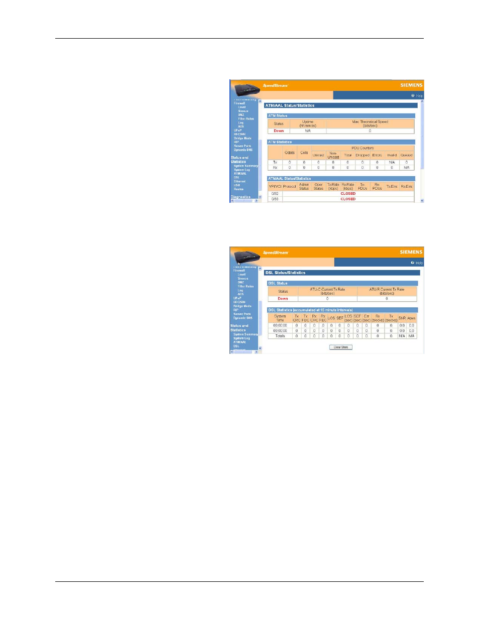 Atm statistics, Dsl statistics, Atm/aal | Siemens 4100 Series User Manual | Page 60 / 85