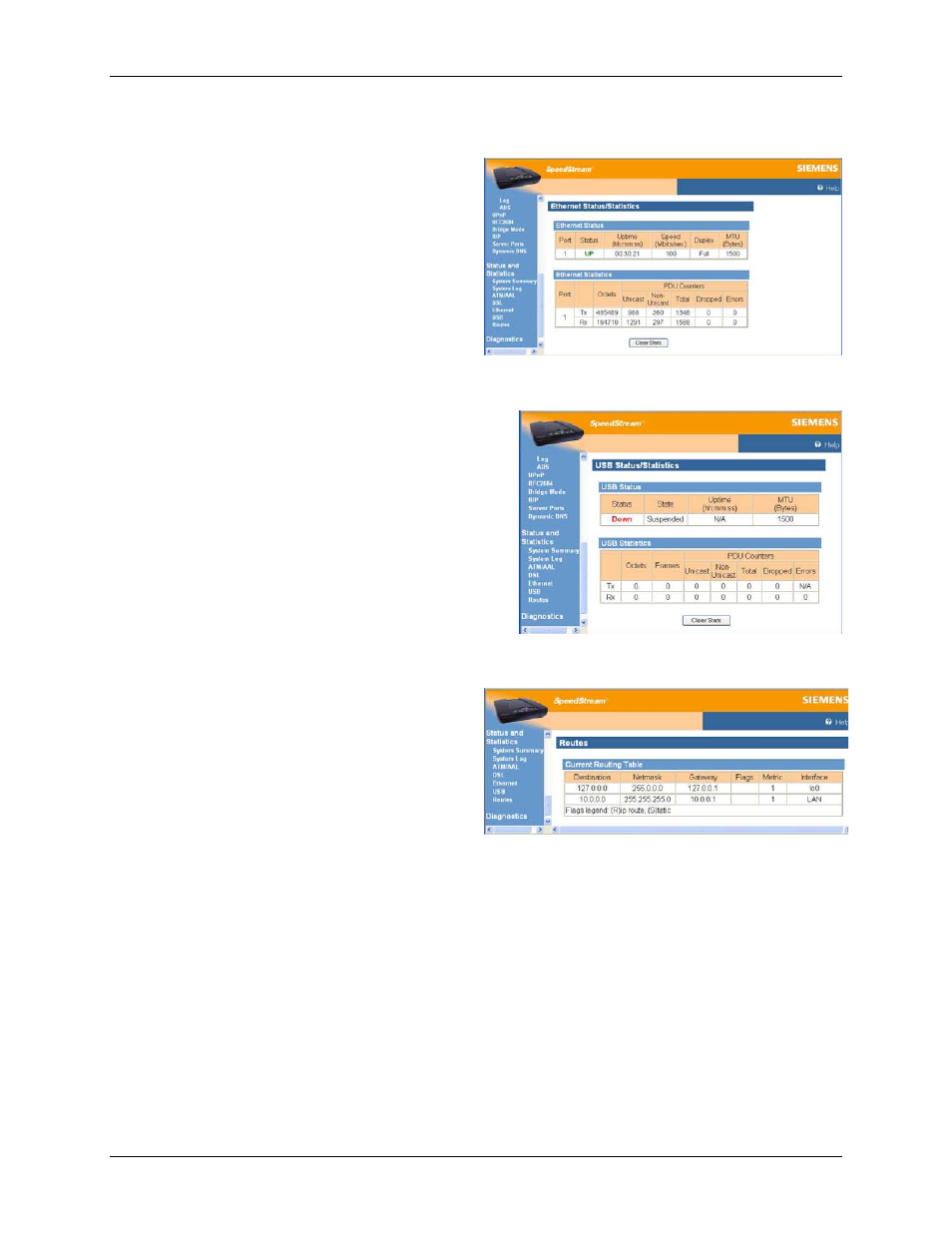 Ethernet statistics, Usb statistics, Routes | Ethernet | Siemens 4100 Series User Manual | Page 61 / 85