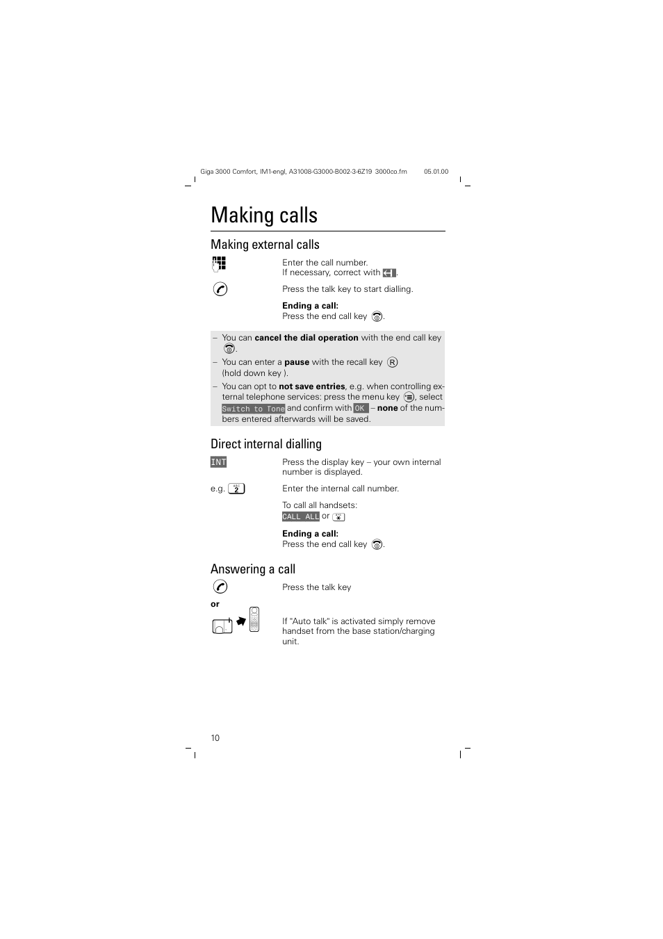 Making calls, Making external calls, Direct internal dialling | Answering a call | Siemens Giga 3000 User Manual | Page 10 / 28