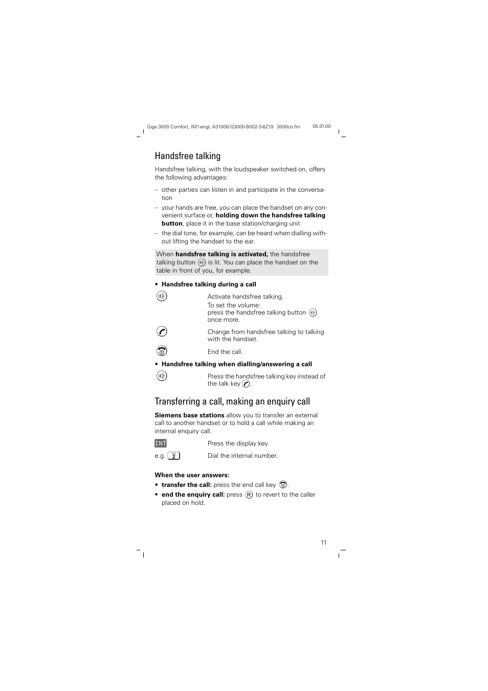 Handsfree talking, Transferring a call, making an enquiry call | Siemens Giga 3000 User Manual | Page 11 / 28