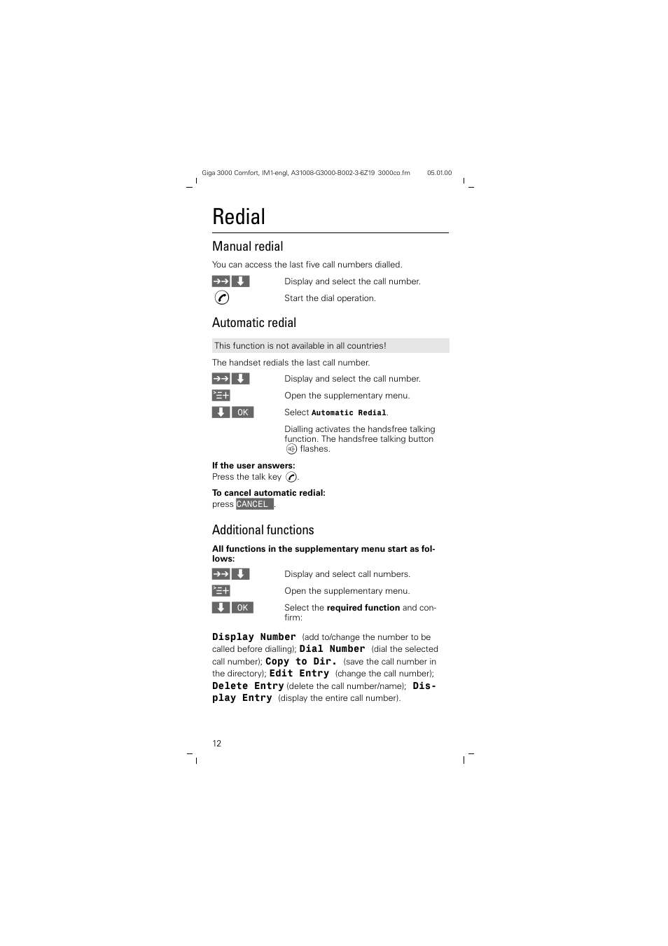 Redial, Manual redial, Automatic redial | Additional functions | Siemens Giga 3000 User Manual | Page 12 / 28