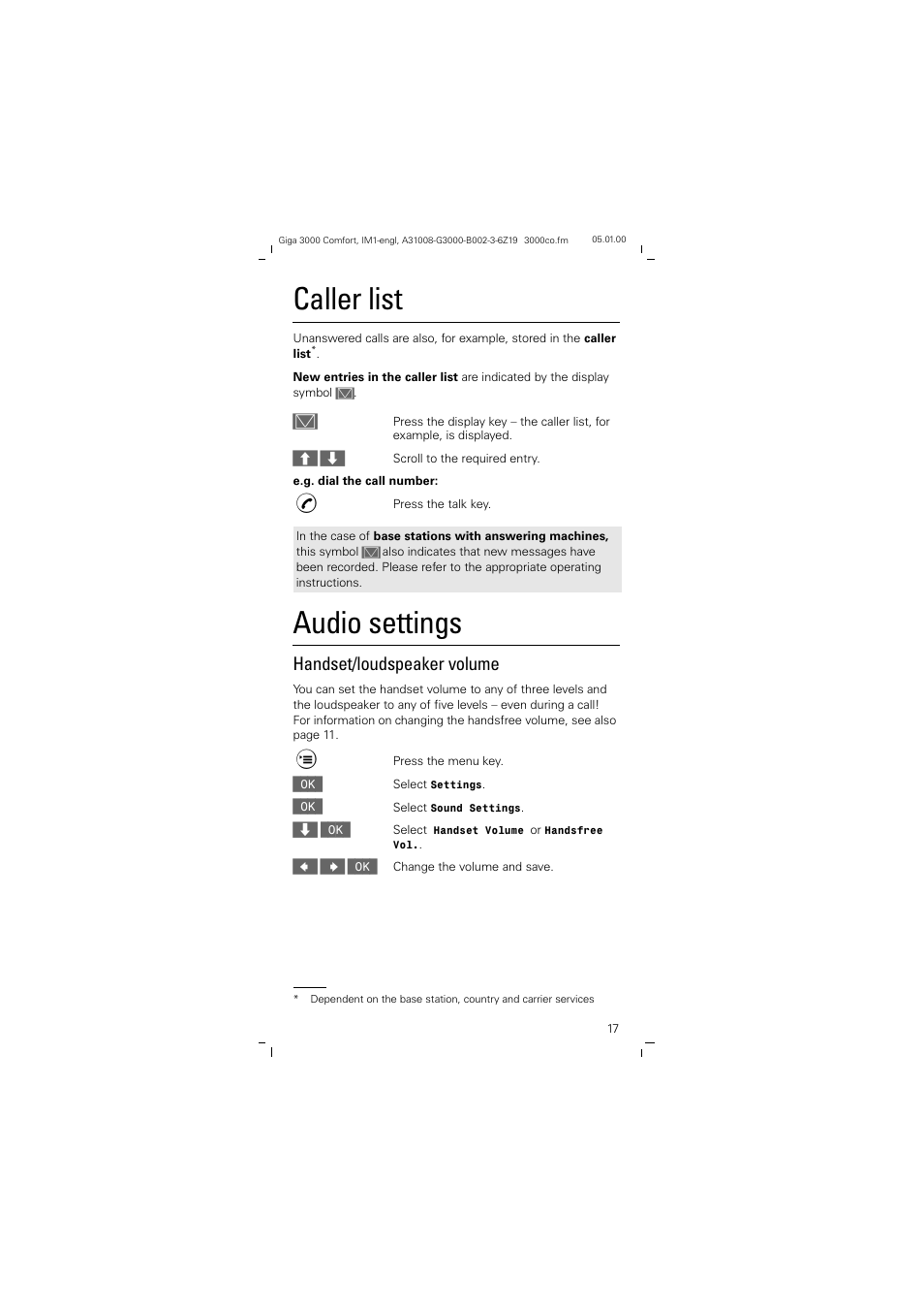 Caller list, Audio settings, Handset/loudspeaker volume | Siemens Giga 3000 User Manual | Page 17 / 28