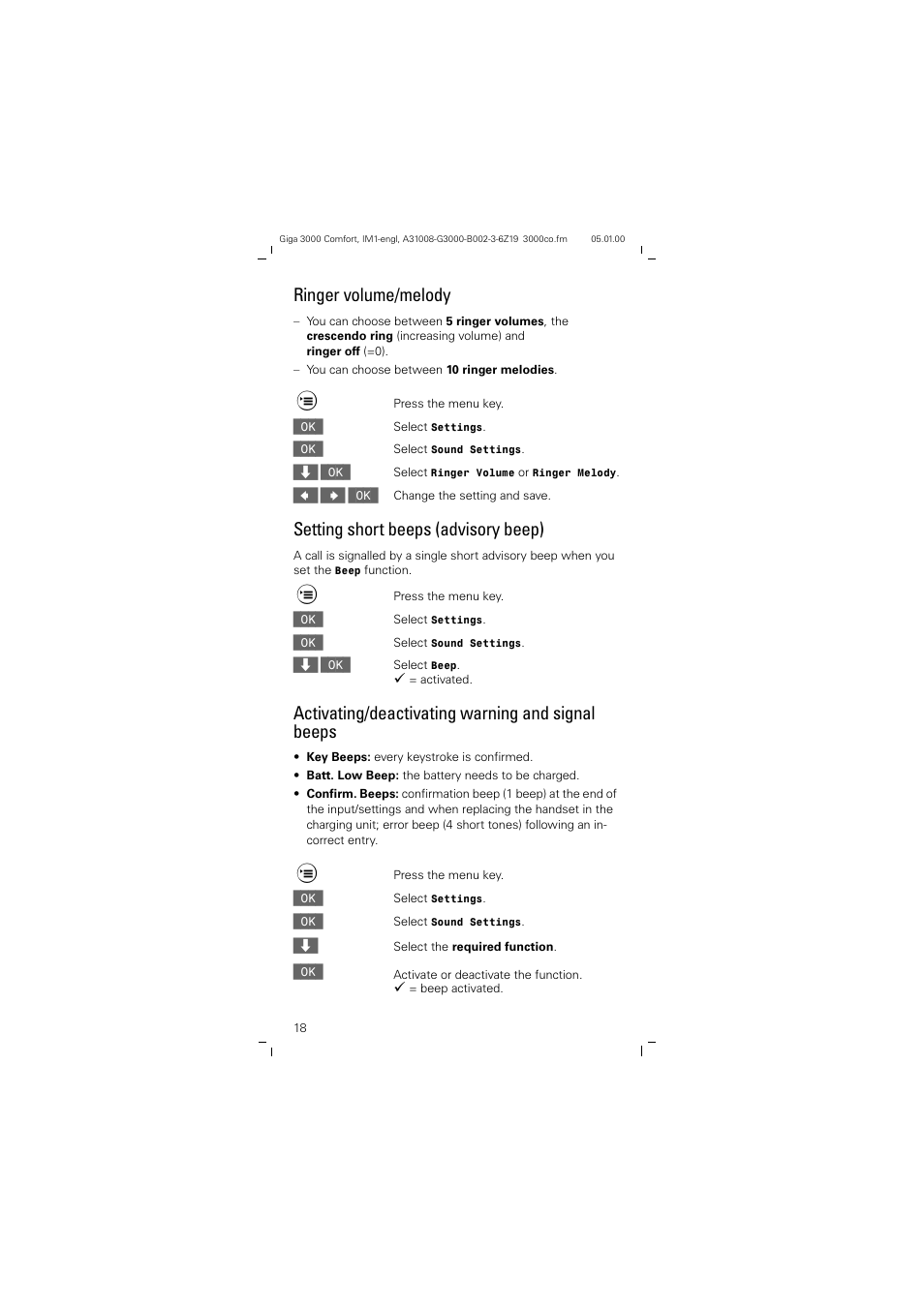 Ringer volume/melody, Setting short beeps (advisory beep), Activating/deactivating warning and signal beeps | Siemens Giga 3000 User Manual | Page 18 / 28