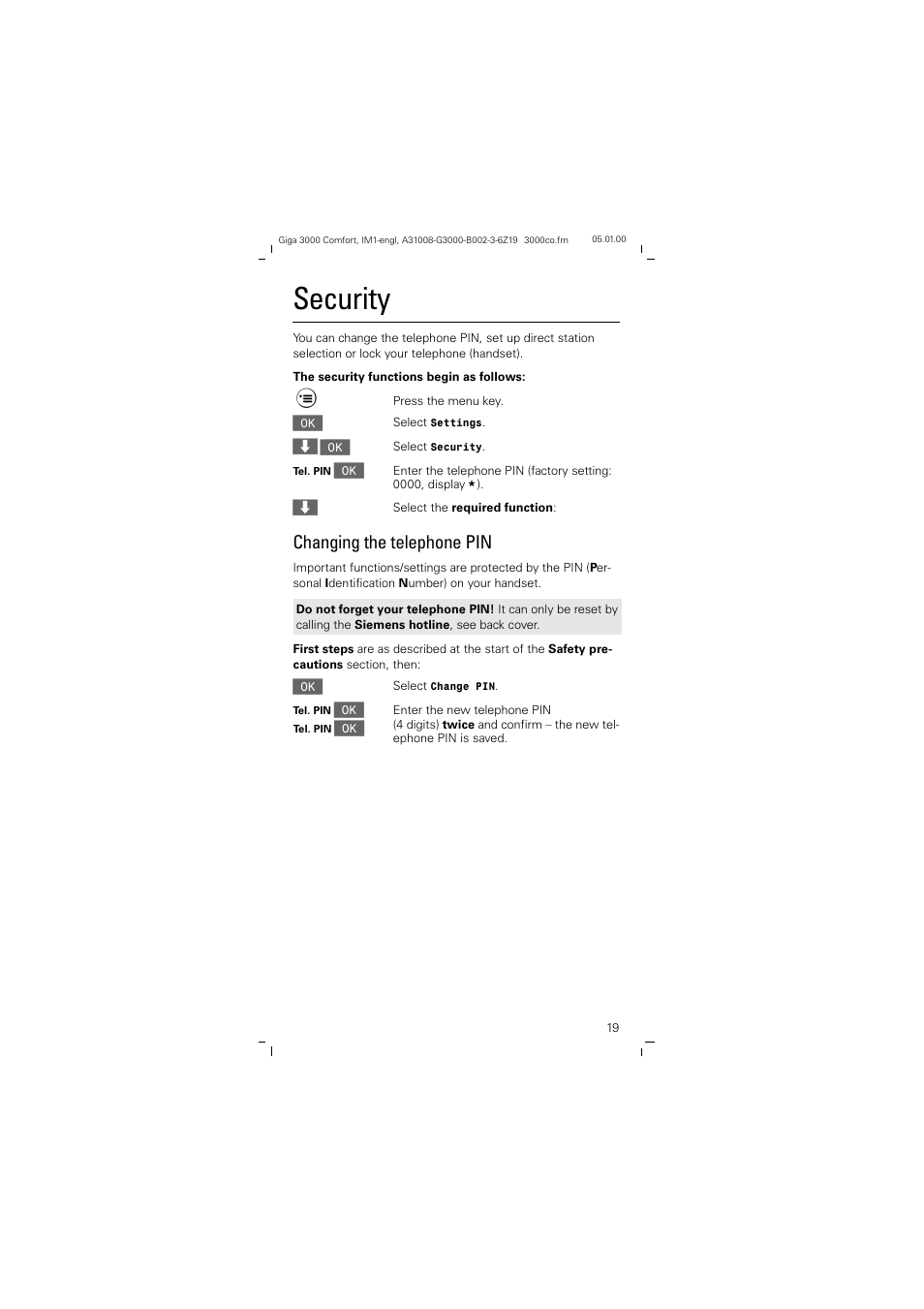 Security, Changing the telephone pin | Siemens Giga 3000 User Manual | Page 19 / 28