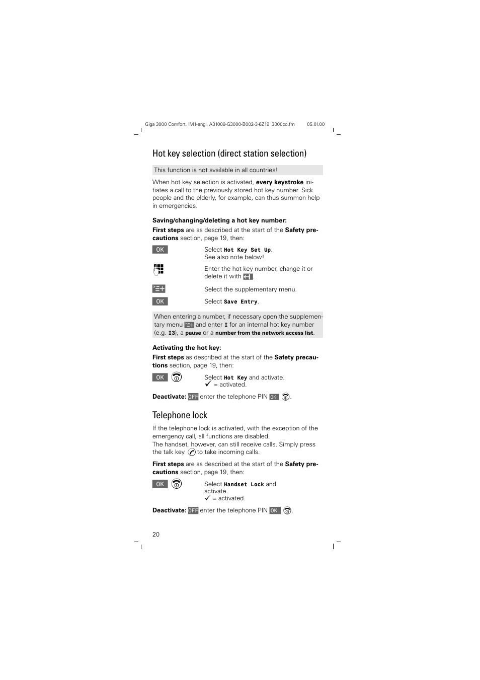 Hot key selection (direct station selection), Telephone lock | Siemens Giga 3000 User Manual | Page 20 / 28