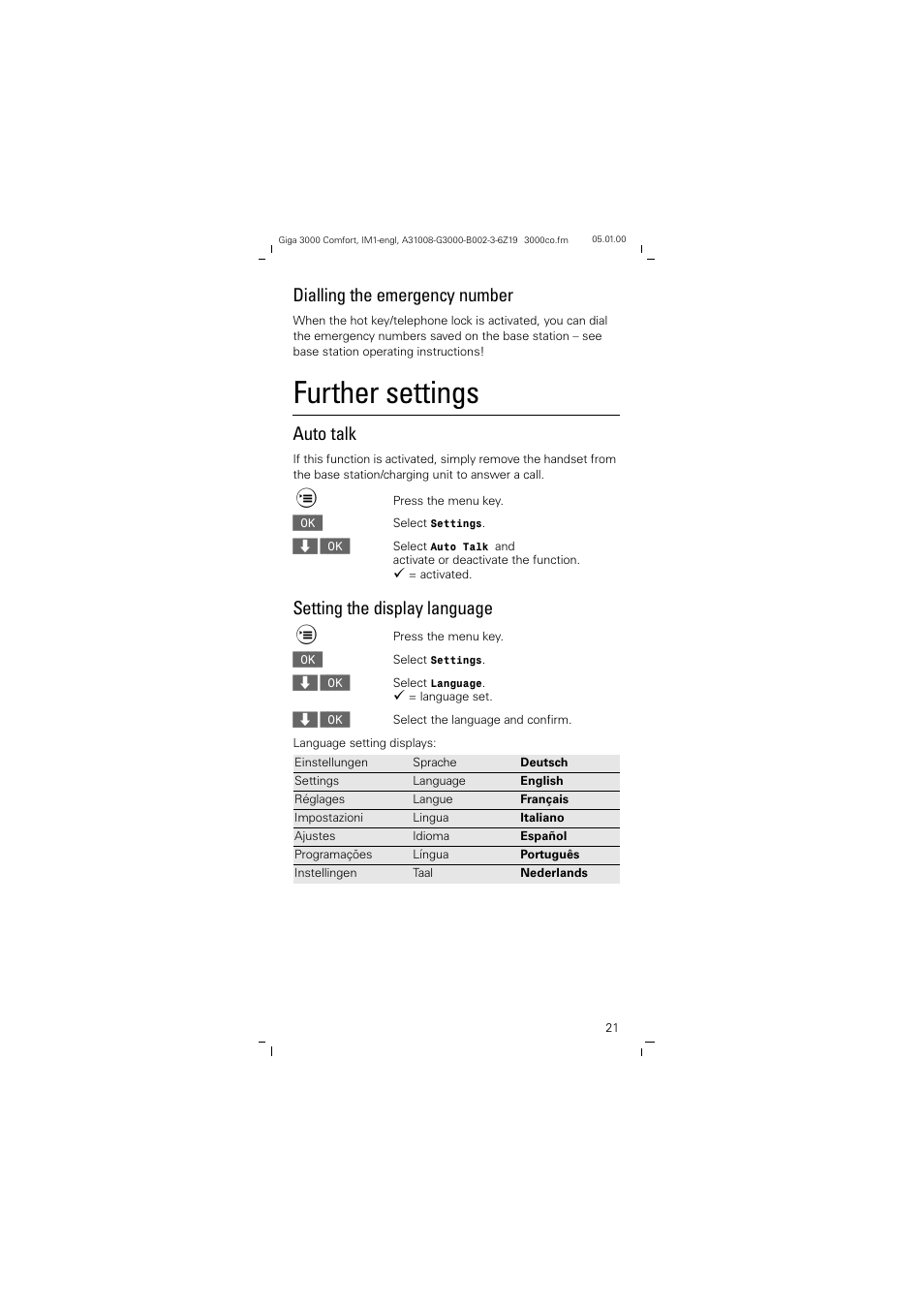 Further settings, Dialling the emergency number, Auto talk | Setting the display language | Siemens Giga 3000 User Manual | Page 21 / 28