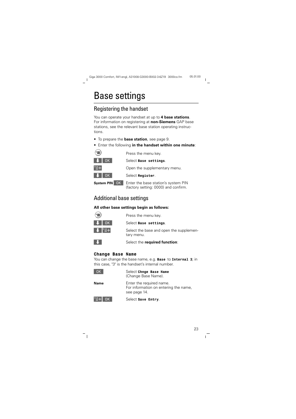 Base settings, Registering the handset, Additional base settings | Siemens Giga 3000 User Manual | Page 23 / 28