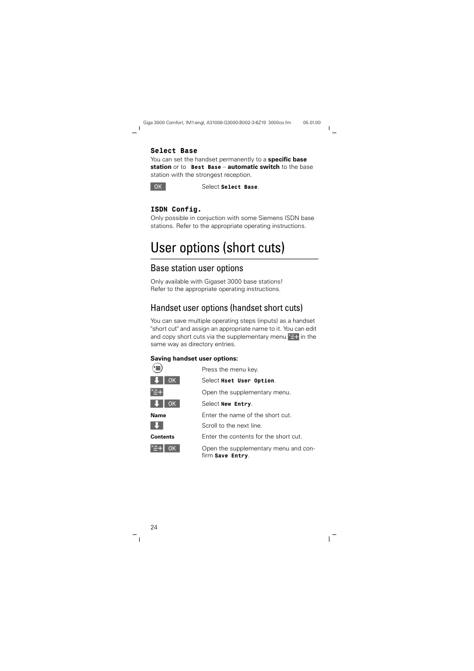 User options (short cuts), Base station user options, Handset user options (handset short cuts) | Siemens Giga 3000 User Manual | Page 24 / 28