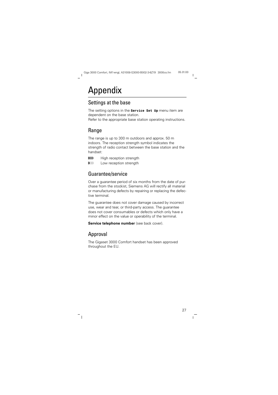 Appendix, Settings at the base, Range | Guarantee/service, Approval | Siemens Giga 3000 User Manual | Page 27 / 28