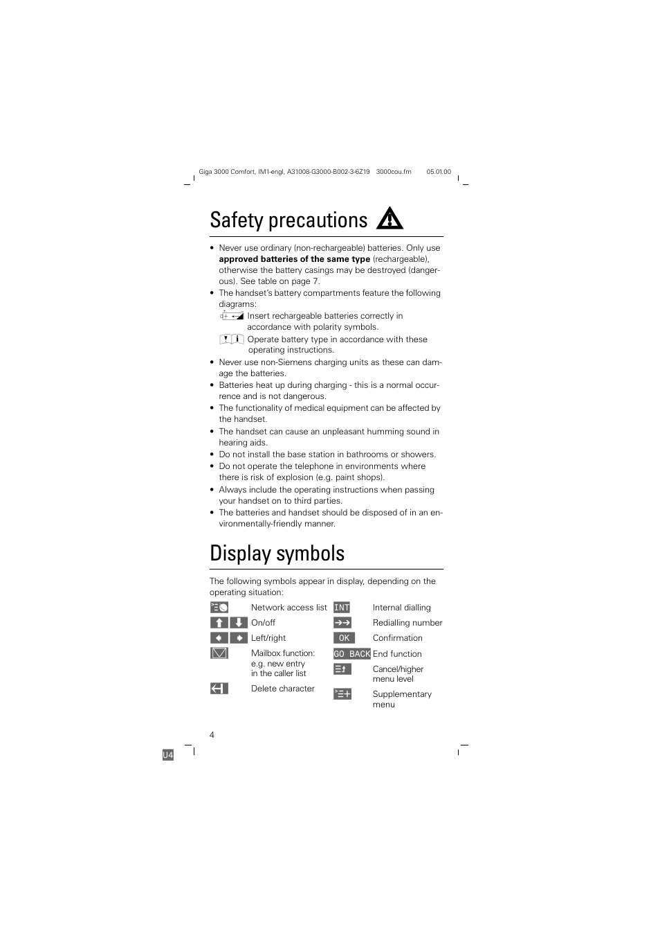 Safety precautions, Display symbols | Siemens Giga 3000 User Manual | Page 4 / 28