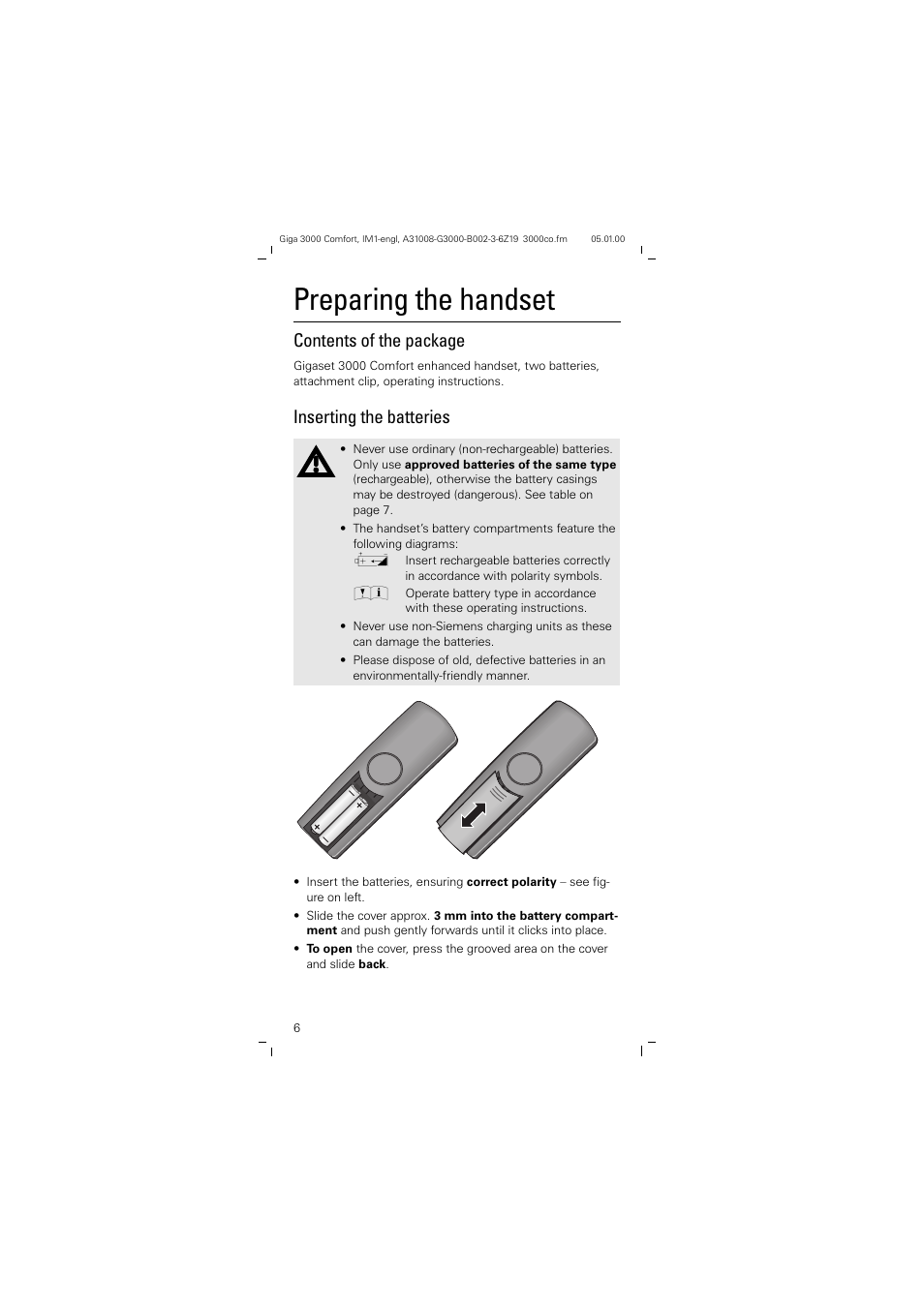 Preparing the handset, Contents of the package, Inserting the batteries | Siemens Giga 3000 User Manual | Page 6 / 28