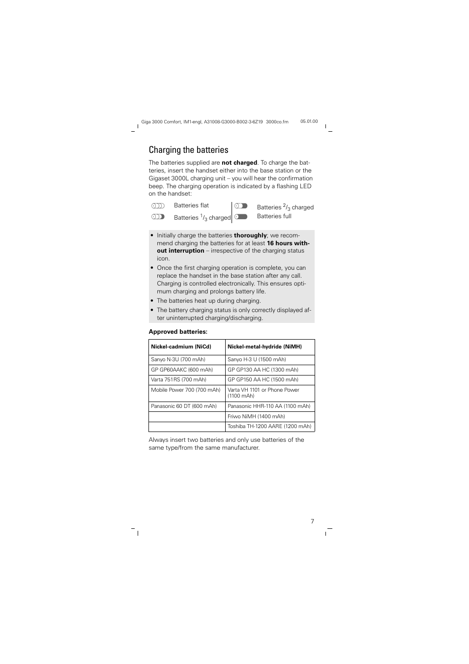 Charging the batteries | Siemens Giga 3000 User Manual | Page 7 / 28