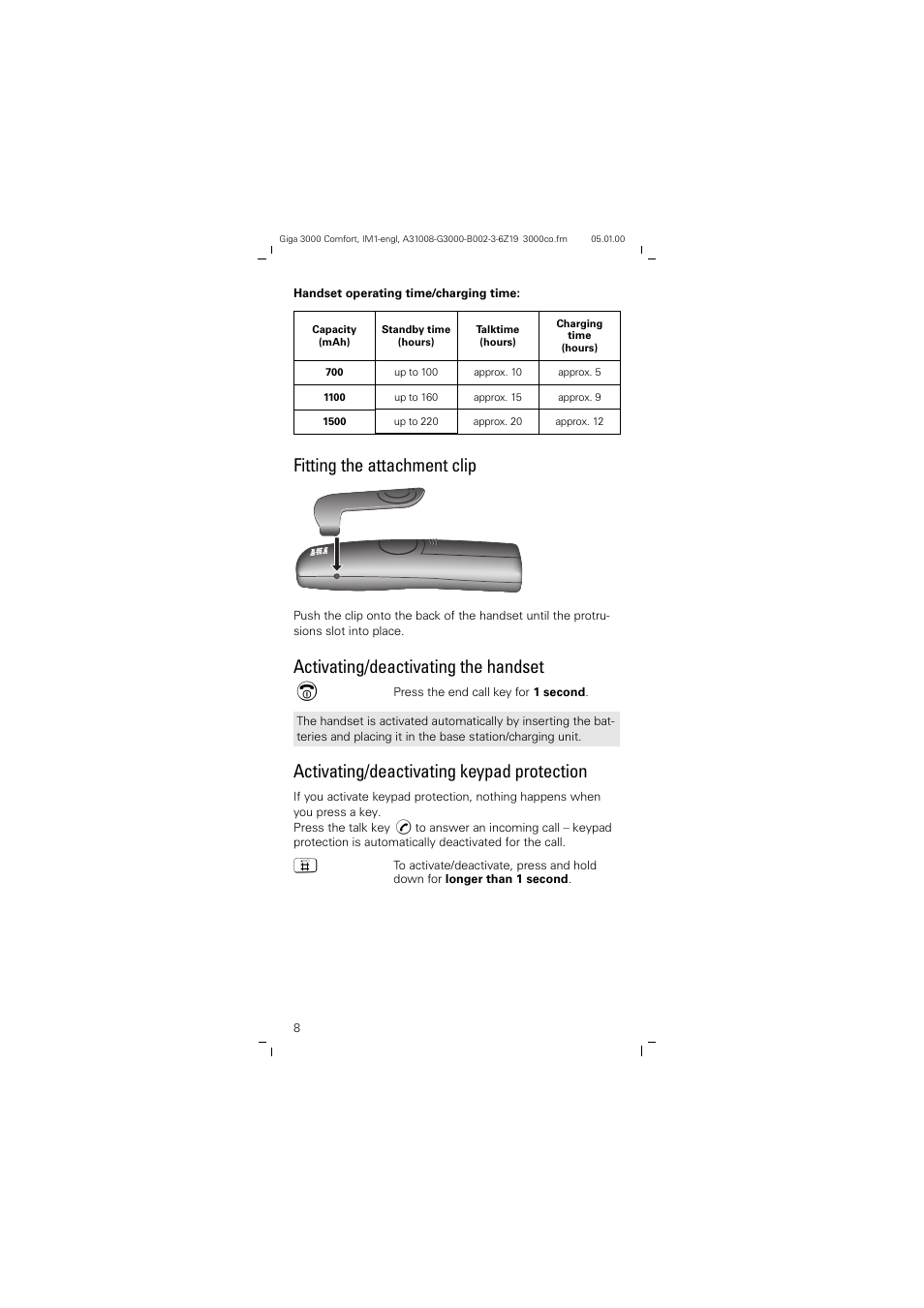 Fitting the attachment clip, Activating/deactivating the handset, Activating/deactivating keypad protection | Siemens Giga 3000 User Manual | Page 8 / 28