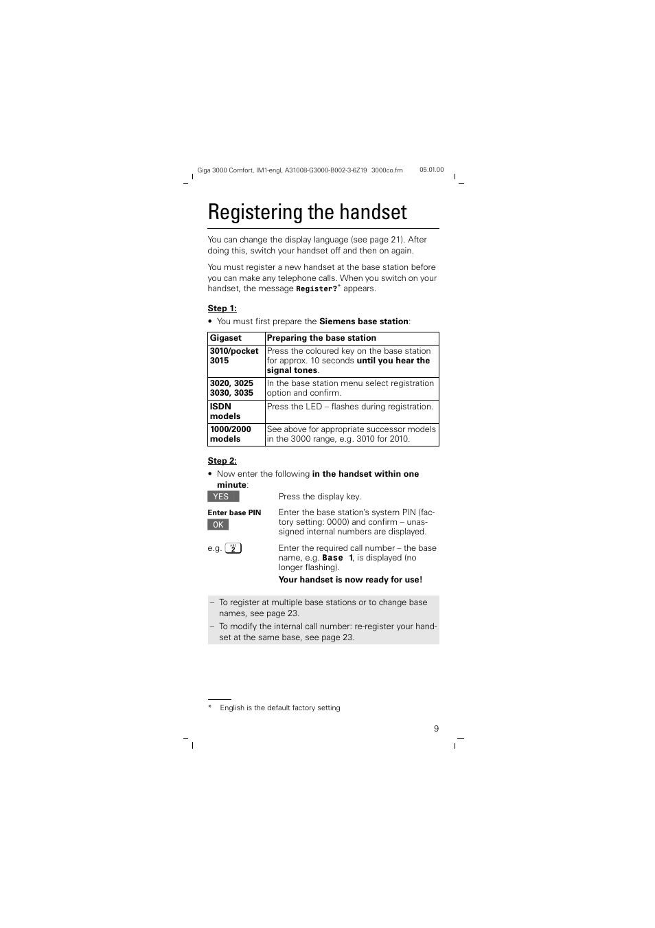 Registering the handset | Siemens Giga 3000 User Manual | Page 9 / 28