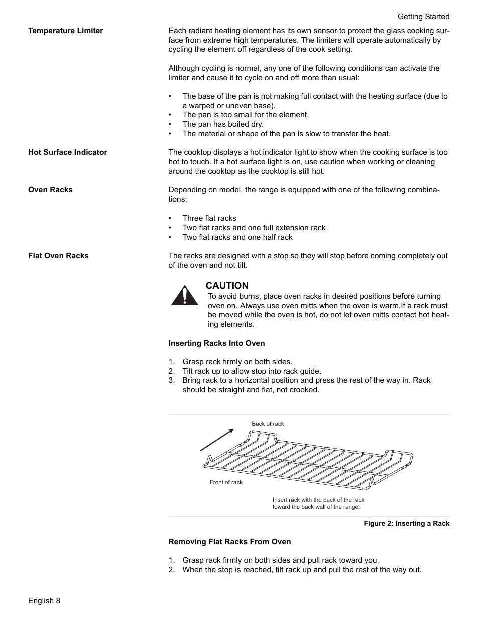Temperature limiter, Hot surface indicator, Oven racks | Flat oven racks, Grasp rack firmly on both sides, Tilt rack up to allow stop into rack guide, Figure 2: inserting a rack | Siemens NO NAME HE2425 User Manual | Page 10 / 48