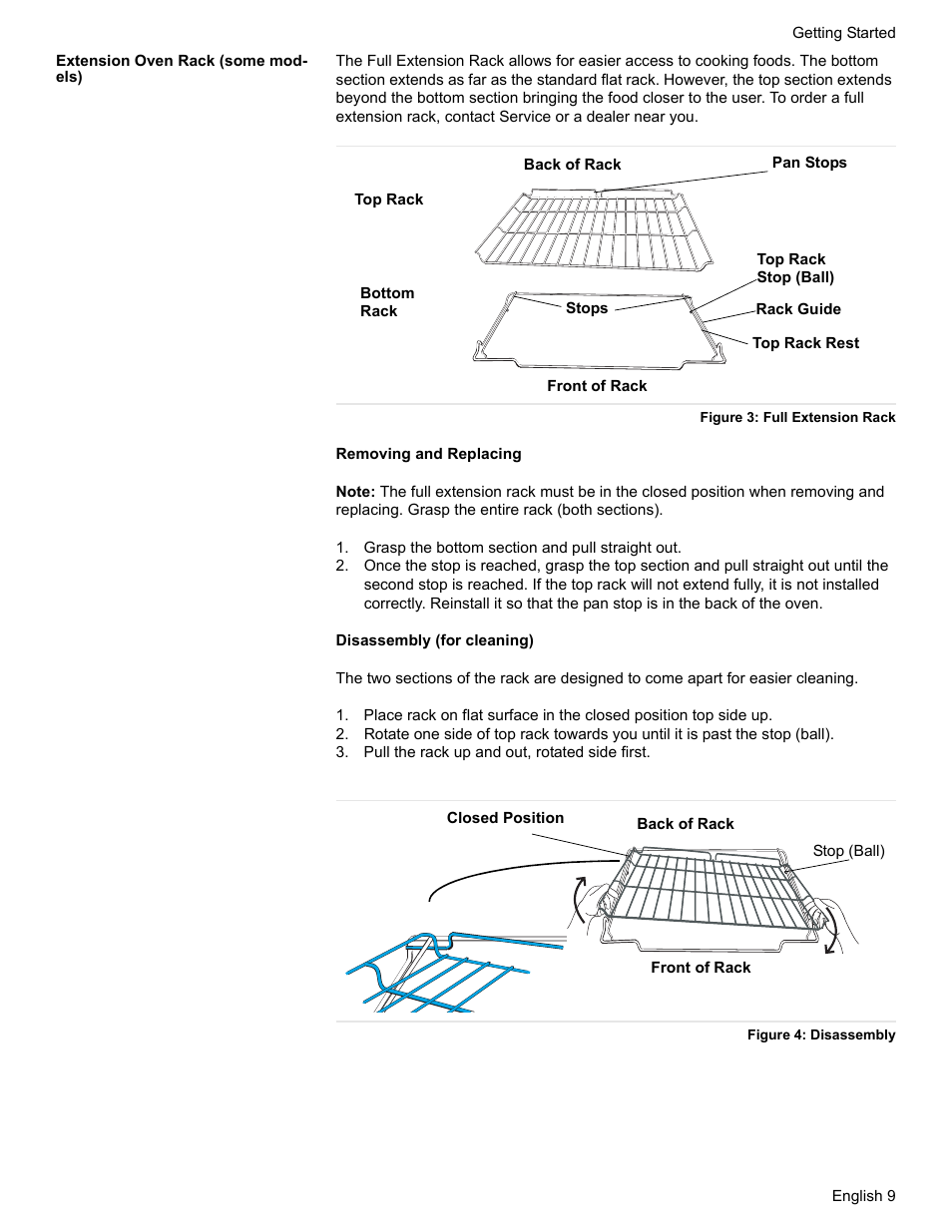 Extension oven rack (some models), Figure 3: full extension rack, Grasp the bottom section and pull straight out | Pull the rack up and out, rotated side first, Figure 4: disassembly | Siemens NO NAME HE2425 User Manual | Page 11 / 48