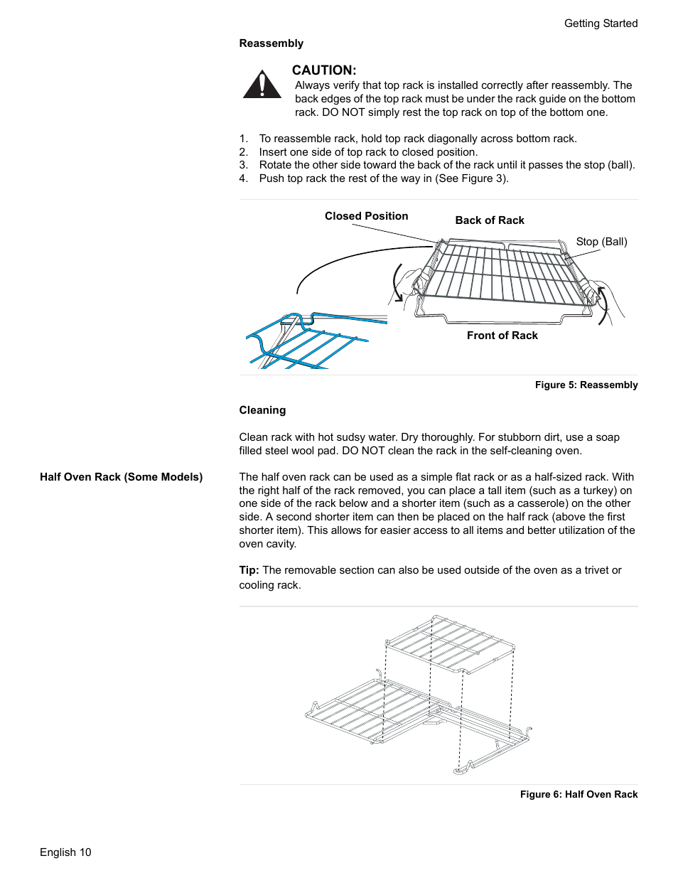 Insert one side of top rack to closed position, Figure 5: reassembly, Half oven rack (some models) | Figure 6: half oven rack | Siemens NO NAME HE2425 User Manual | Page 12 / 48